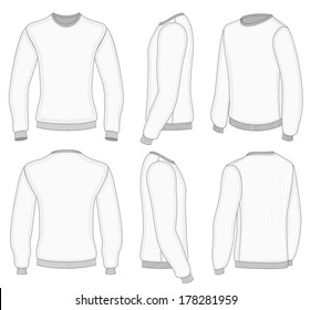 All six views men's white long sleeve t-shirt design templates (front, back, half-turned and side views). Vector illustration. Ribbed collar, cuffs and waistband.