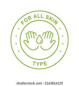 For All Skin Body Types Line Green Stamp. Cosmetic Beauty Product Outline Sticker. Natural Cosmetic For All Skin Face Type Label. Dermatology Treatment Guarantee Symbol. Isolated Vector Illustration.