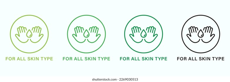 For All Skin Body Types Line Green and Black Icon Set. Cosmetic Beauty Product Outline Pictogram. Natural Cosmetic For All Skin Types Icon. Dermatology Skincare Symbol. Isolated Vector Illustration.