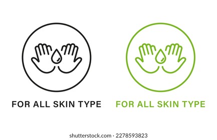 For All Skin Body Types Line Green and Black Icon Set. Cosmetic Beauty Product Outline Pictogram. Natural Cosmetic For All Skin Types Icon. Dermatology Skincare Symbol. Isolated Vector Illustration.