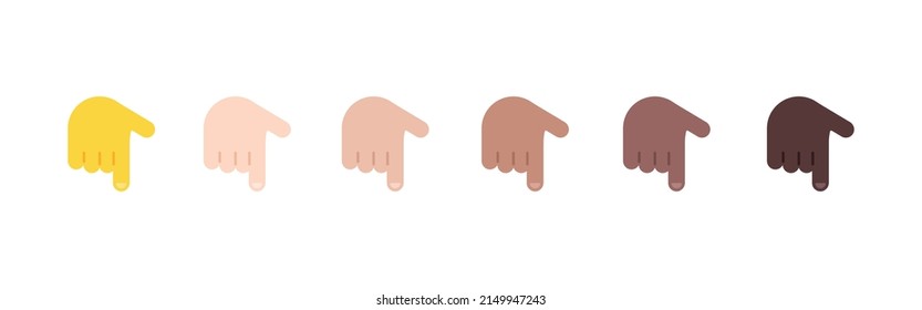 All Skin Tones Backhand Index Pointing Down Gesture Emoticon Set. Backhand Index Pointing Down Emoji Set