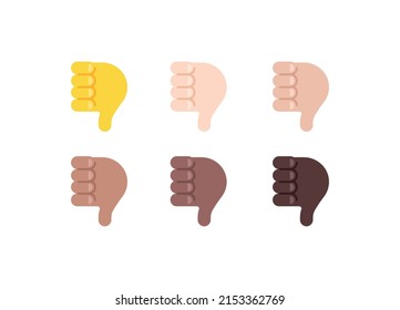 All Skin Tones Thumbs Down Gesture Emoticon Set. Thumbs Down Emoji Set