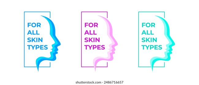 Für alle Hauttypen, Gesichtscreme Kosmetik Vektor-Icons. Für alle Hauttypen Hautpflege Kosmetikstempel mit Gesichtskontur Silhouette