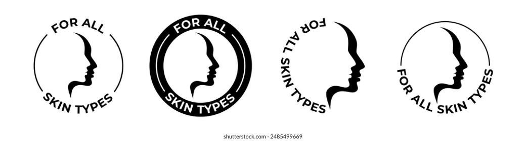 For all skin types icons, face cream cosmetics vector stamps. For all skin types signs for face skincare cosmetic with face silhouettes