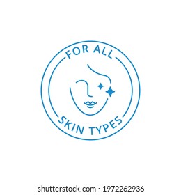 For all skin types label, beauty logo, tag, stamp for skincare packaging. Icon for cream, toner, moisturizer, facial mask, lotion