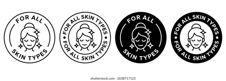 For all skin types label icon set. Face beauty women skin care packaging label for cream, toner, moisturizer, facial mask, lotion, logo, badge, symbol, black, line vector, isolated on white background