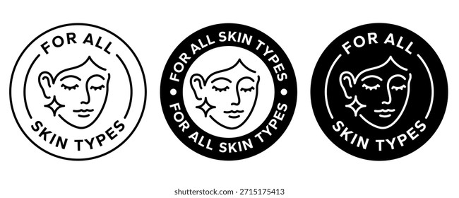 Para todos los tipos de piel conjunto de iconos de etiquetas. Etiqueta de empaquetado del cuidado de piel de las mujeres de la belleza de la cara para la crema, el tónico, el humectante, la máscara facial, la loción, el logotipo, la insignia, el símbolo, negro, Vector de línea, aislado en el fondo blanco