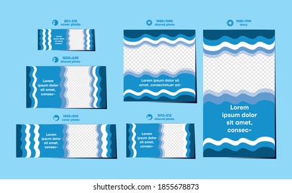 All social media modern sea wave template. With blue and white mask area. Profile picture. Ready template.