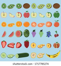 All sorts of fruits - 4 views per fruit: 1-intersection 2D, 2-slice 3D, 3-half of the fruit 3D, 4 whole fruit 3D