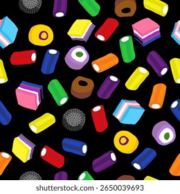 All Sorts Sweets in LGBTQ+ flag colours. Vector seamless pattern in a simple flat design 