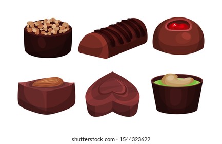 All Sorts Sweets Vector Set. Chocolate Desserts With Mixed Flavours Concept