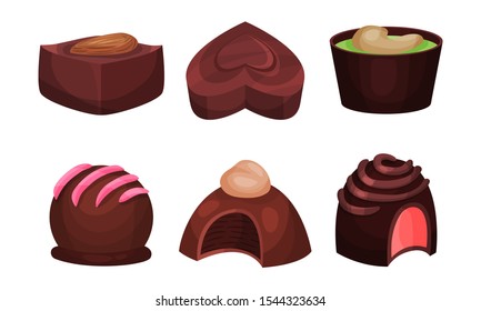 All Sorts Sweets Vector Set. Chocolate Desserts With Mixed Flavours Concept