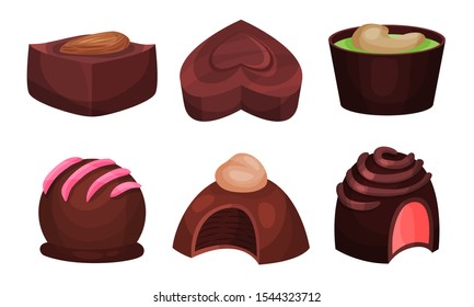 All Sorts Sweets Vector Set. Chocolate Desserts With Mixed Flavours Concept