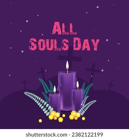 All Souls Day, Deceased Believers in the Christian Religion with Candles in Flat purple Background Design