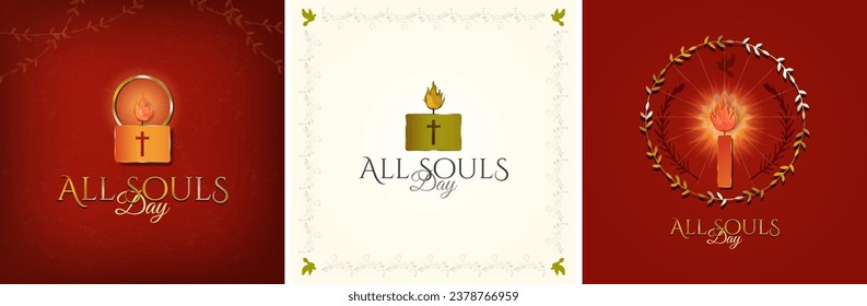 Obras de arte de tarjetas de felicitación del Día de las Almas. Hermosas luces de oro y velas rojas y diseño tipográfico de All Souls Day. Ilustración vectorial