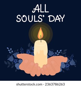 All Souls' Day. Hands are holding a burning candle. Vector illustration