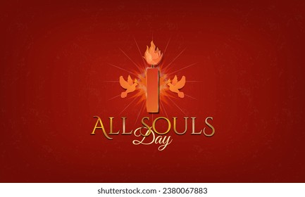 All Souls' Day Red and Gold Greeting Banner. 3D Gold Candlelight with holy spirit at its side. All Souls Day Typographic Design. Vector Illustration. EPS 10.