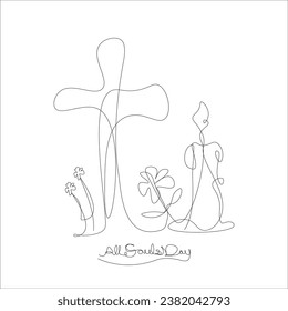 All Souls Day single line drawing concept. Vector, Illustration. Hand drawn cross, candle and flowers.