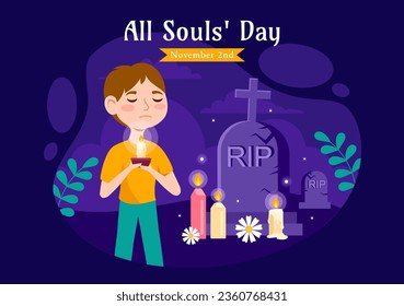 All Souls Day Vector Illustration to Commemorate All Deceased Believers in the Christian Religion with Candles in Flat Kids Cartoon Background Design