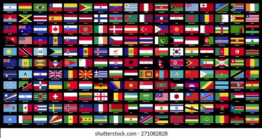 All sovereign states recognized by UN, collection, Flags of the world with Name official RGB coloring and detailed emblems on black background