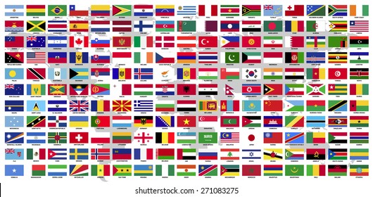 All sovereign states recognized by UN, collection, Flags of the world with Name official RGB coloring and detailed emblems on black background