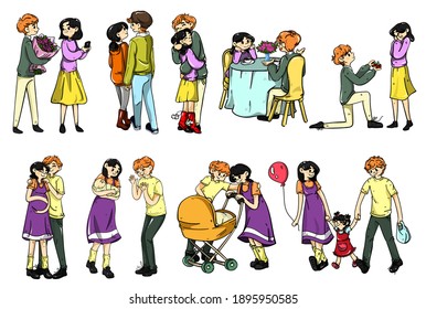 All stages of creating a family. From a gift of flowers to raising a child. Color flat cartoon vector illustration isolated on white background.