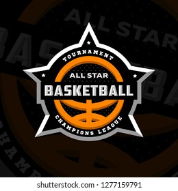 All star basketball, sports logo, emblem on a dark background.