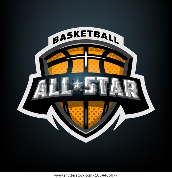 All star basketball, sports logo emblem on a\
dark background.