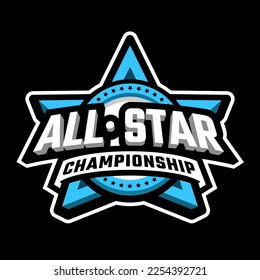 All star championship inscription on the background of a star logo, emblem on a dark background.