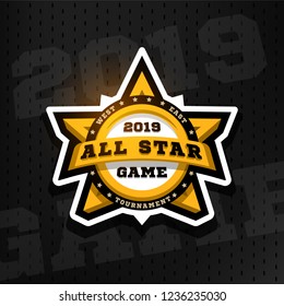 All star game. Sport emblem, logo, in the shape of a star on a dark background.