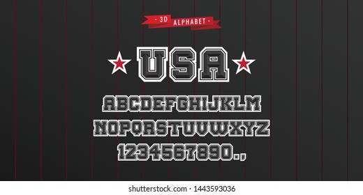 All Star Jersey Vintage 3D Alphabet. Sporty Typeface. Vector Font Illustration