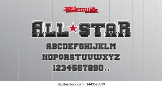 All Star Jersey Vintage 3D Alphabet. Sporty Typeface. Vector Font Illustration