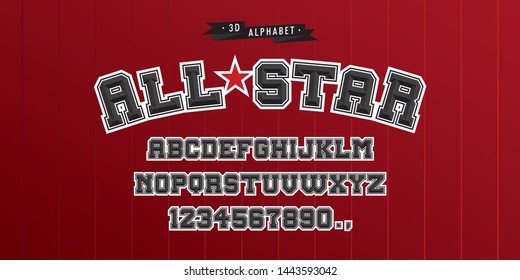 All Star Jersey Vintage 3D Alphabet. Sporty Typeface. Vector Font Illustration