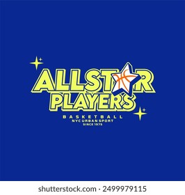 All Star Players, gráfico deportivo de baloncesto para impresión de camiseta de diseño joven.