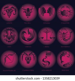 All star signs bright gradient look on dark background. Vector set astrology sign. Twelve horoscope zodiac star icons