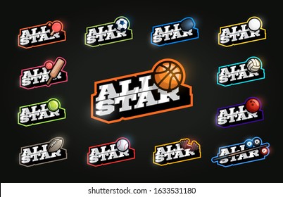 All Star Sport Set. Modern professional Typography sport retro style vector emblem and template logo design. Soccer, basketball, bowling, tennis, hockey, gym, cricket, football mega collection.