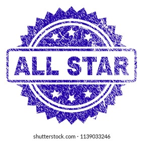 ALL STAR stamp imprint with corroded style. Blue vector rubber seal print of ALL STAR title with corroded texture.