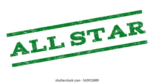 All Star watermark stamp. Text tag between parallel lines with grunge design style. Rubber seal stamp with scratched texture. Vector green color ink imprint on a white background.