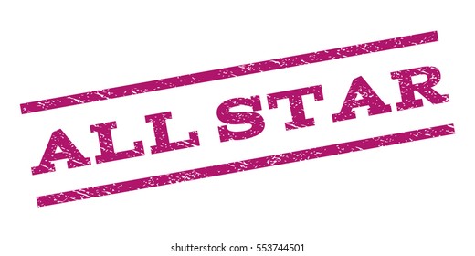 All Star watermark stamp. Text tag between parallel lines with grunge design style. Rubber seal stamp with unclean texture. Vector purple color ink imprint on a white background.