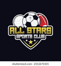 All stars sports club logo concept and sports ball illustrations, Sports club and team editable text vector template	
