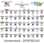 All state capitols of the United States. Detailed vector isolated icons of all capitol buildings. Map of the United States with all state capitals on it. All flags of the U.S. states. Vector set