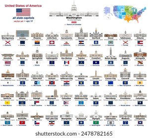 All state capitols of the United States. Detailed vector isolated icons of all capitol buildings. Map of the United States with all state capitals on it. All flags of the U.S. states. Vector set