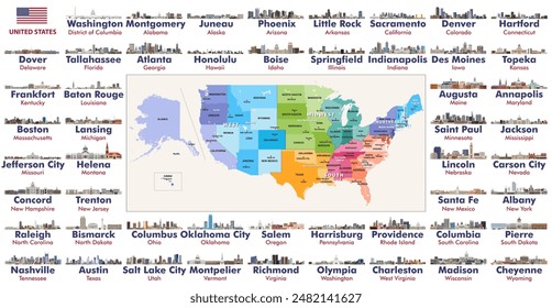 All states capital cities skylines of the United States. Map of the United States with regions, divisions and all state capitals on it. Vector set