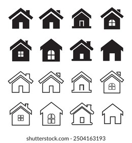 All style home or house icon set vector design in black color with outline icon.