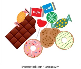 All sweet snacks on white background