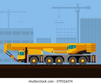 All terrain crane mounted on truck with construction background. Side view mobile crane vector illustration