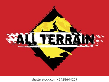 In: All Terrain Off Road Event. Handgezeichneter Grunge-Schriftzug im Gelände. Reifenspurwörter aus einzigartigen Buchstaben. Schöne Vektor-Illustration. Editierbares isoliertes Grafikelement in schwarz und gelb