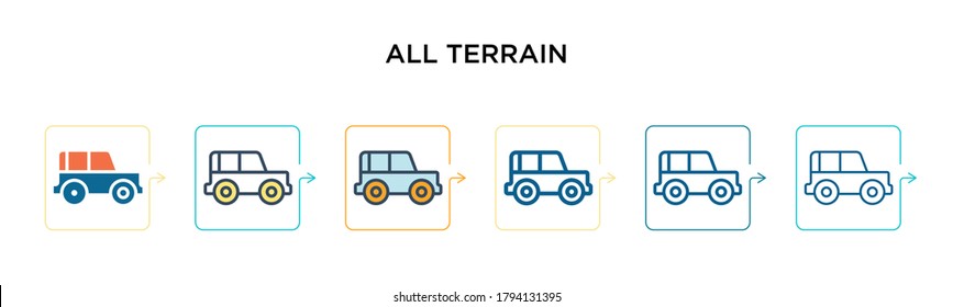All terrain vector icon in 6 different modern styles. Black, two colored all terrain icons designed in filled, outline, line and stroke style. Vector illustration can be used for web, mobile, ui