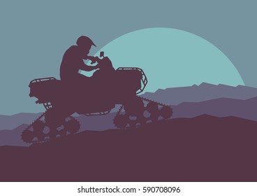 All terrain vehicle with chains driving in snow and mud landscape outdoor activity vector background