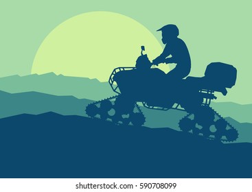 All terrain vehicle with chains driving in snow and mud landscape outdoor activity vector background